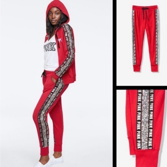 VS PINK Victoria’s Secret Red Bling Silver Sequin Joggers Pants Women’s Small - Picture 3 of 16